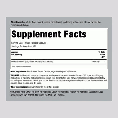 Piping Rock Pueraria Mirifica Capsules 1000mg - 120 Pills - Gluten Free, Non-GMO