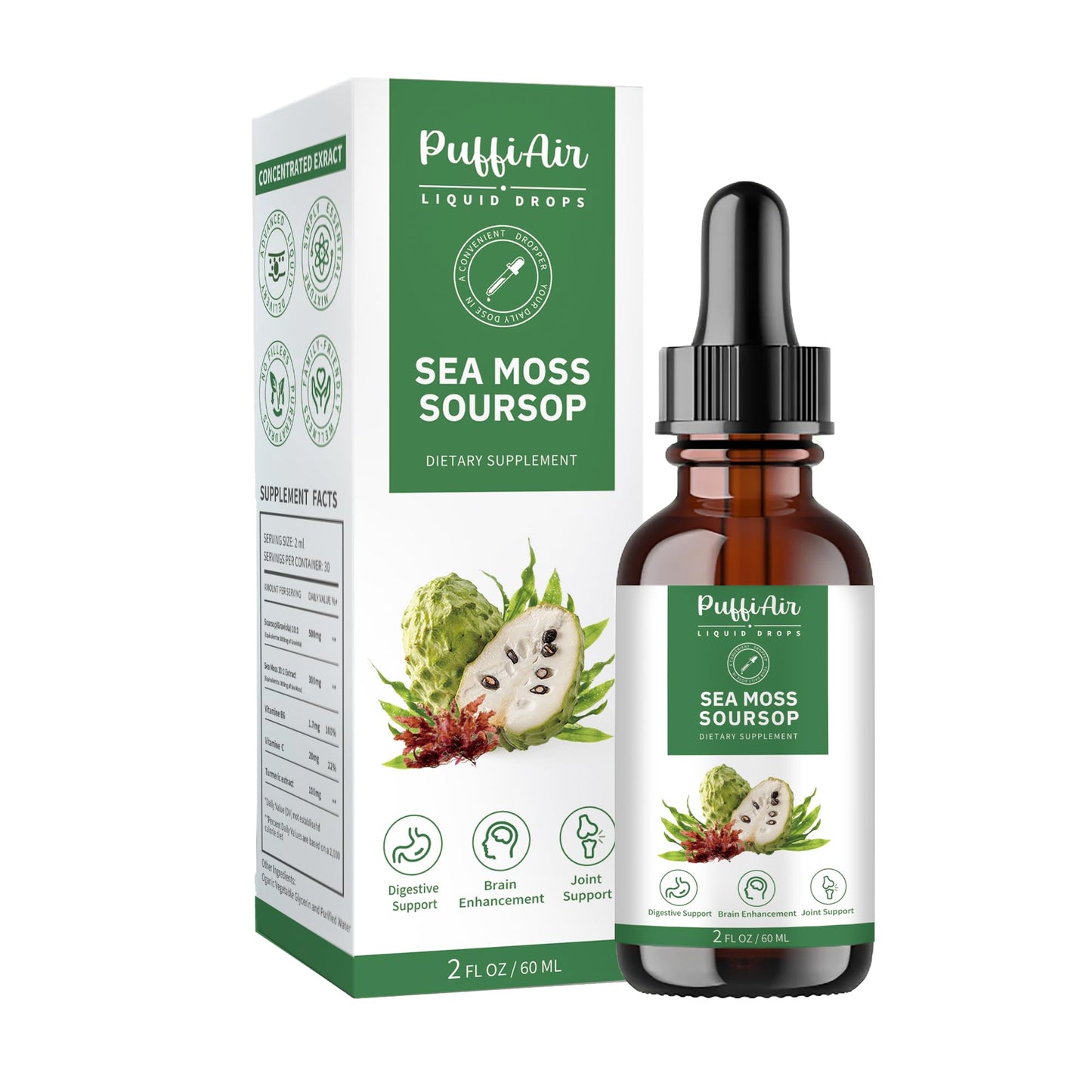 PUFFIAIR Soursop & Sea Moss Liquid Drop – Immune Support & Sleep, 2oz