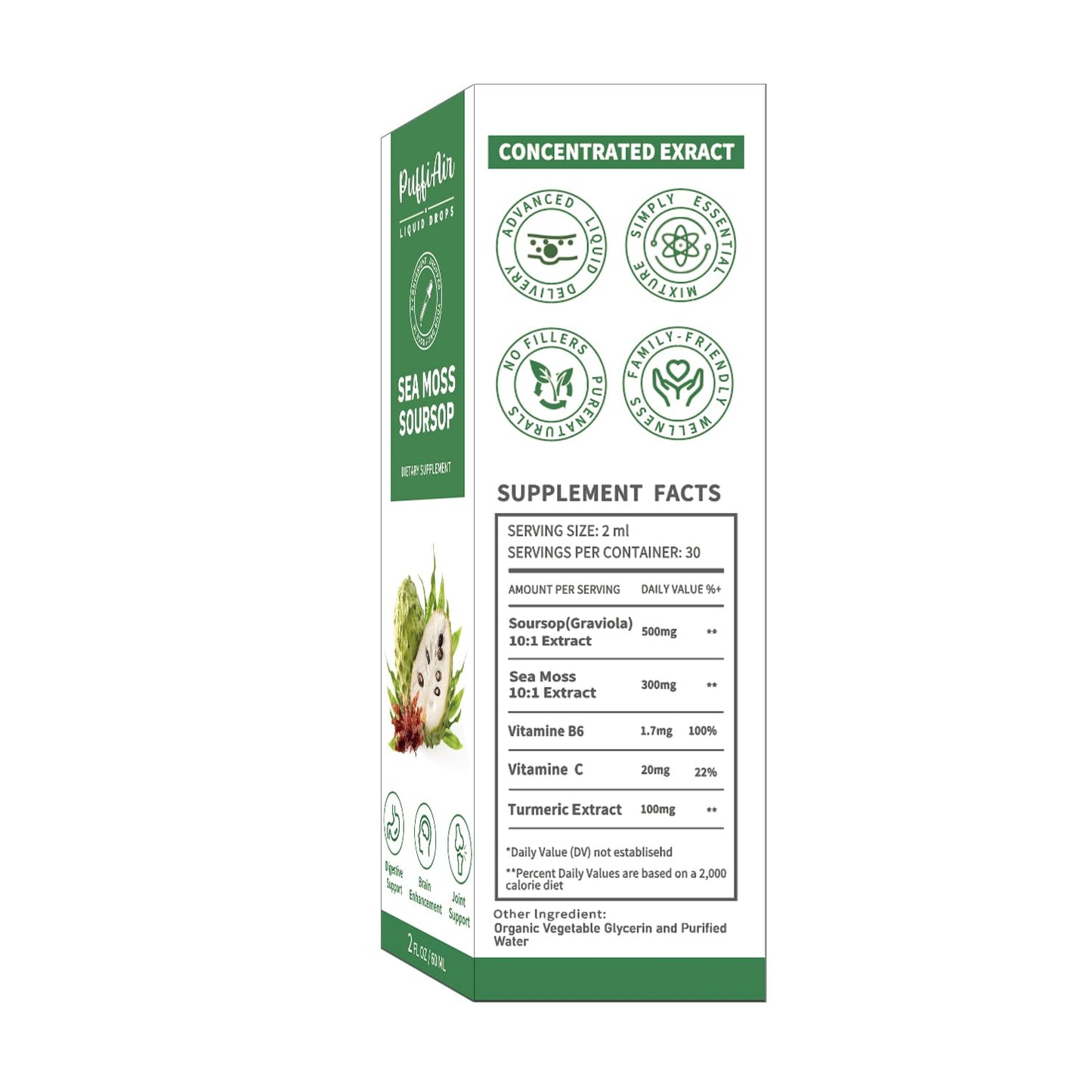 PUFFIAIR Soursop & Sea Moss Liquid Drop – Immune Support & Sleep, 2oz