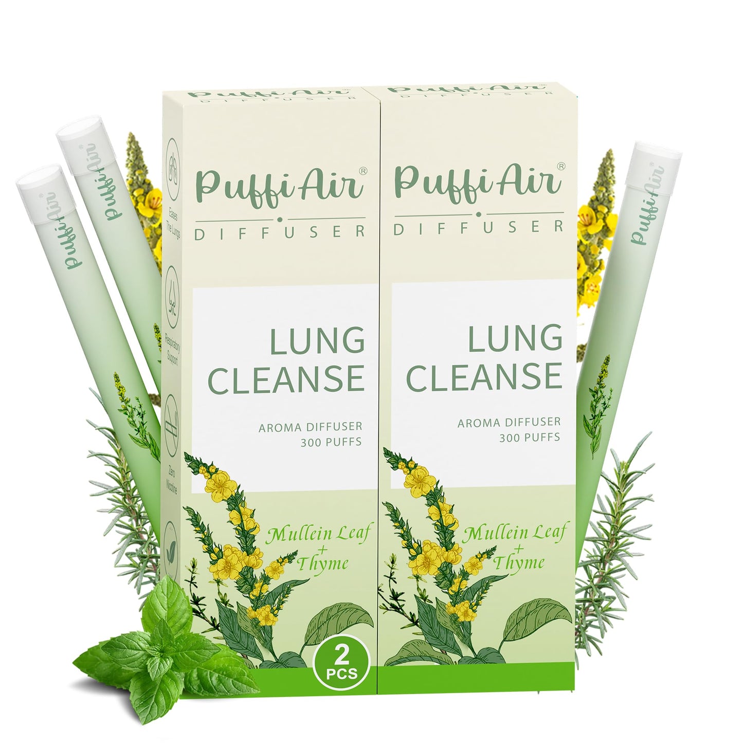 PUFFIAIR Herbal Diffuser – Mullein, Thyme & Mint for Respiratory Comfort | 300 Uses, 2 Packs, 3 Sticks