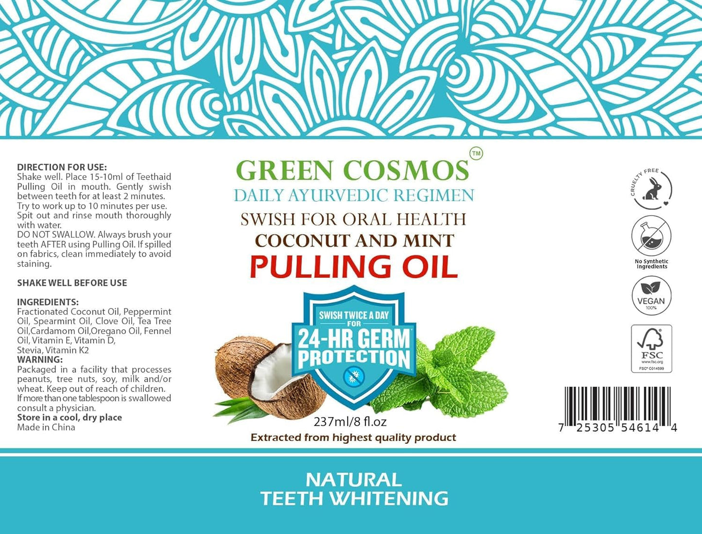 Coconut Mint Pulling Oil Mouthwash 237ml - Ayurvedic, Alcohol & Fluoride Free