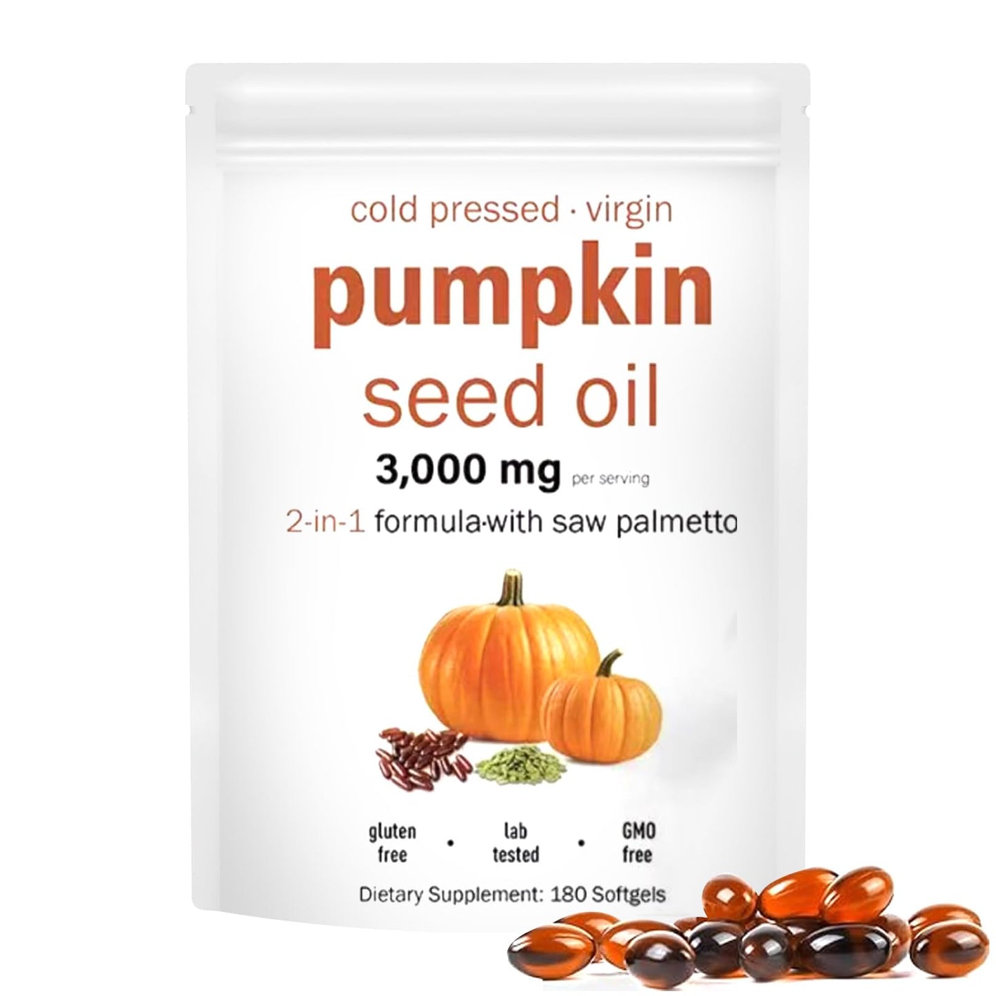 Pumpkin Seed Oil 2-in-1 with Saw Palmetto – 180 Softgels (3000mg per serving) – Prostate, Urinary & Hair Health | Non-GMO