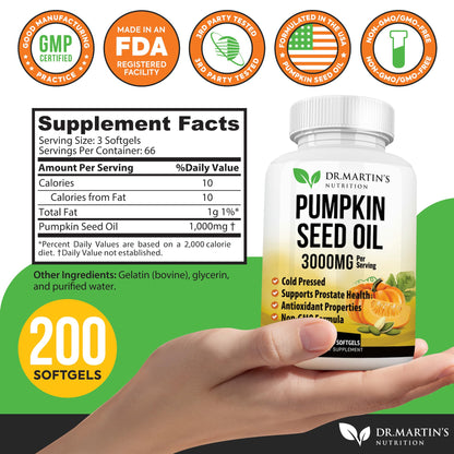 3000mg Cold-Pressed Pumpkin Seed Oil – DHT Blocker for Hair Growth | 200 Softgels