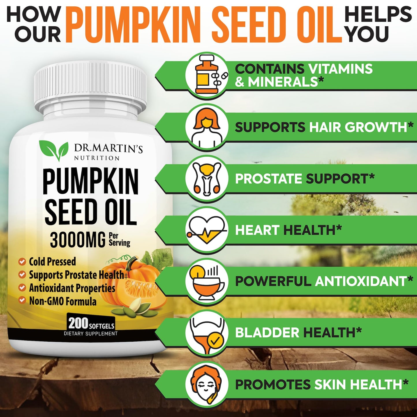 3000mg Cold-Pressed Pumpkin Seed Oil – DHT Blocker for Hair Growth | 200 Softgels