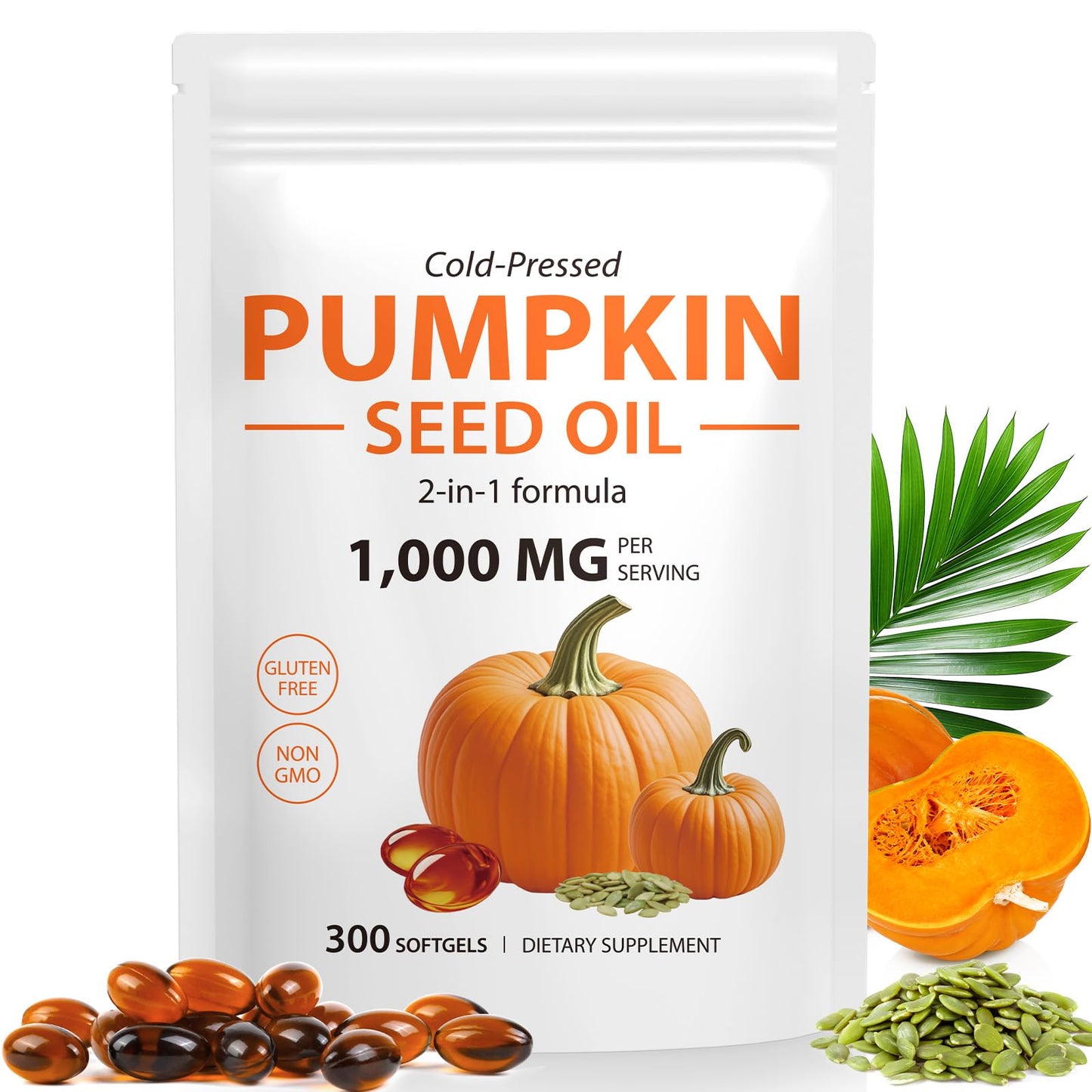 Pumpkin Seed Oil Capsules 300PCS – 2-in-1 Cold-Pressed, Non-GMO for Hair, Prostate & Urinary Health