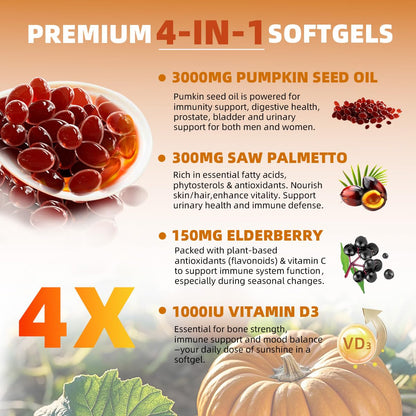 Pumpkin Seed Oil with Saw Palmetto – 4-in-1 300 Softgels, 3000mg Cold-Pressed Virgin Oil | Supports Hair, Prostate & Urinary Health | Vegan & Non-GMO
