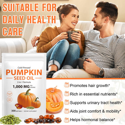Pumpkin Seed Oil Capsules 300PCS – 2-in-1 Cold-Pressed, Non-GMO for Hair, Prostate & Urinary Health