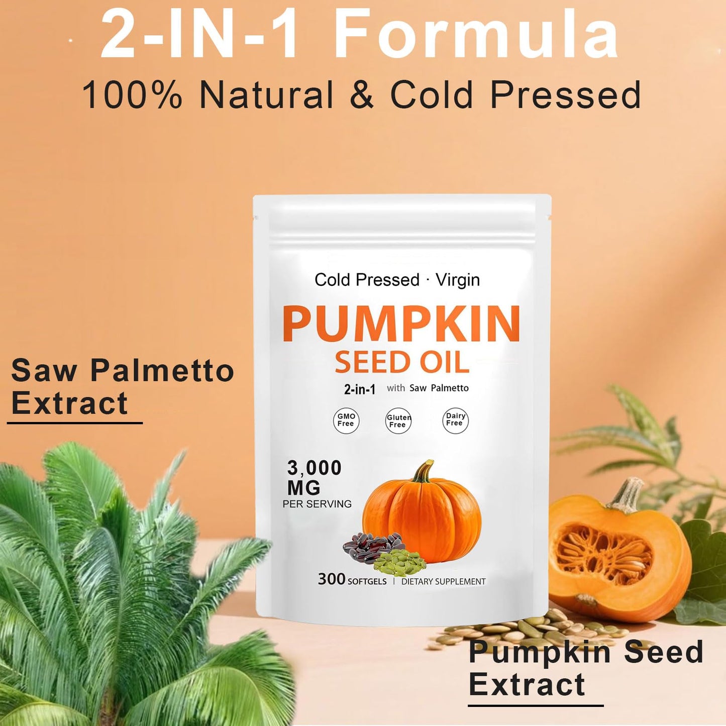 Pumpkin Seed Oil Capsules with Saw Palmetto – Cold-Pressed for Bladder & Prostate Health | Non-GMO, Gluten Free, 300 Softgels