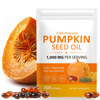 Pumpkin Seed Oil Capsules with Saw Palmetto — Cold-Pressed for Hair Growth, Prostate & Urinary Health | Non-GMO, 300 Softgels