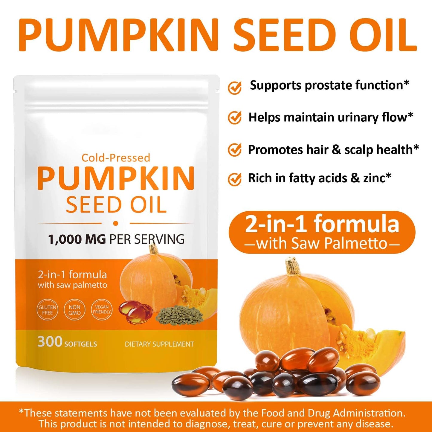 Pumpkin Seed Oil Capsules with Saw Palmetto — Cold-Pressed for Hair Growth, Prostate & Urinary Health | Non-GMO, 300 Softgels
