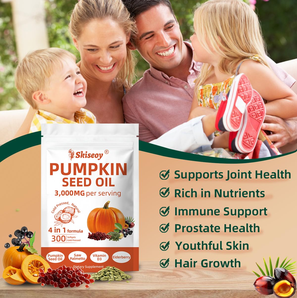 Pumpkin Seed Oil with Saw Palmetto – 4-in-1 300 Softgels, 3000mg Cold-Pressed Virgin Oil | Supports Hair, Prostate & Urinary Health | Vegan & Non-GMO