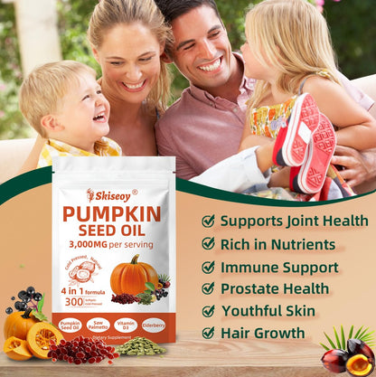 Pumpkin Seed Oil with Saw Palmetto – 4-in-1 300 Softgels, 3000mg Cold-Pressed Virgin Oil | Supports Hair, Prostate & Urinary Health | Vegan & Non-GMO