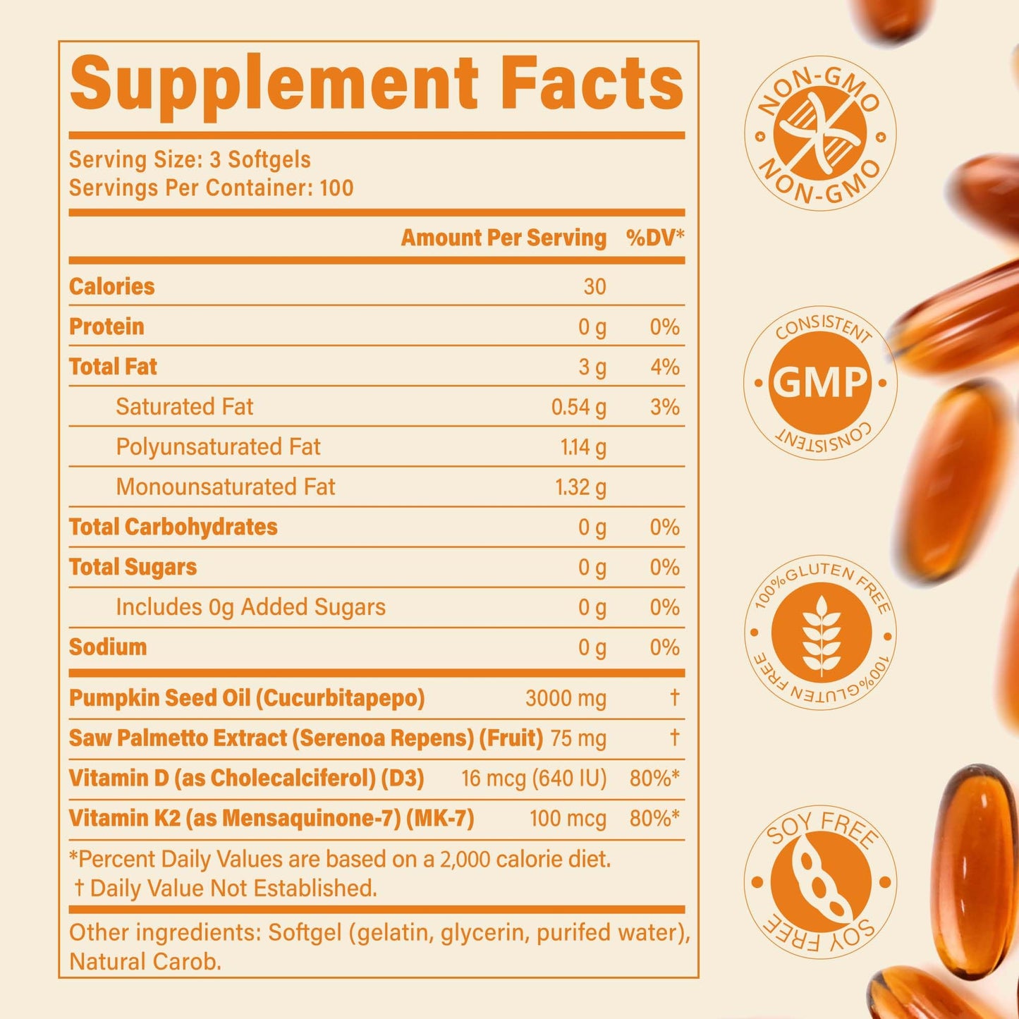 Pumpkin Seed Oil Complex with Saw Palmetto, D3 & K2 | 3000 mg per Serving