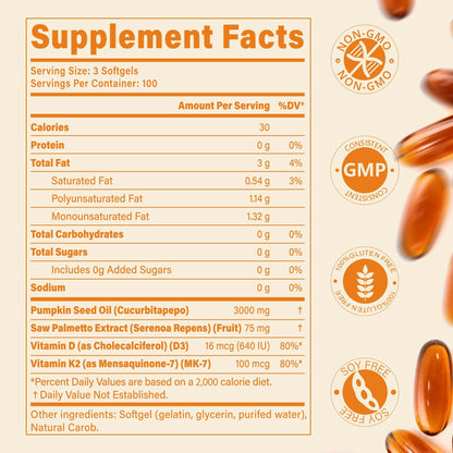 Pumpkin Seed Oil Complex with Saw Palmetto, D3 & K2 | 3000 mg per Serving