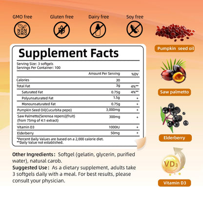 Pumpkin Seed Oil with Saw Palmetto – 4-in-1 300 Softgels, 3000mg Cold-Pressed Virgin Oil | Supports Hair, Prostate & Urinary Health | Vegan & Non-GMO