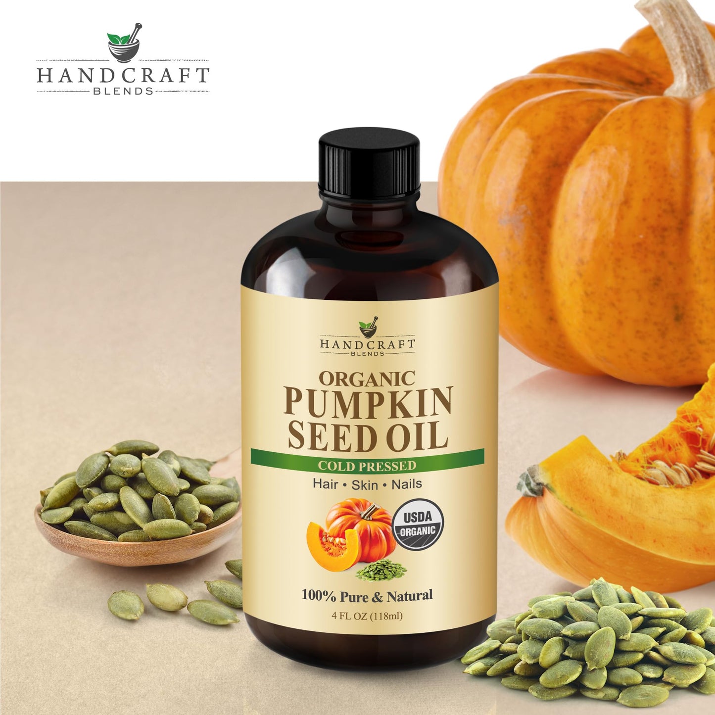 Cold-Pressed Organic Pumpkin Seed Oil - 4 oz Glass Bottle | Hair, Skin & Aromatherapy