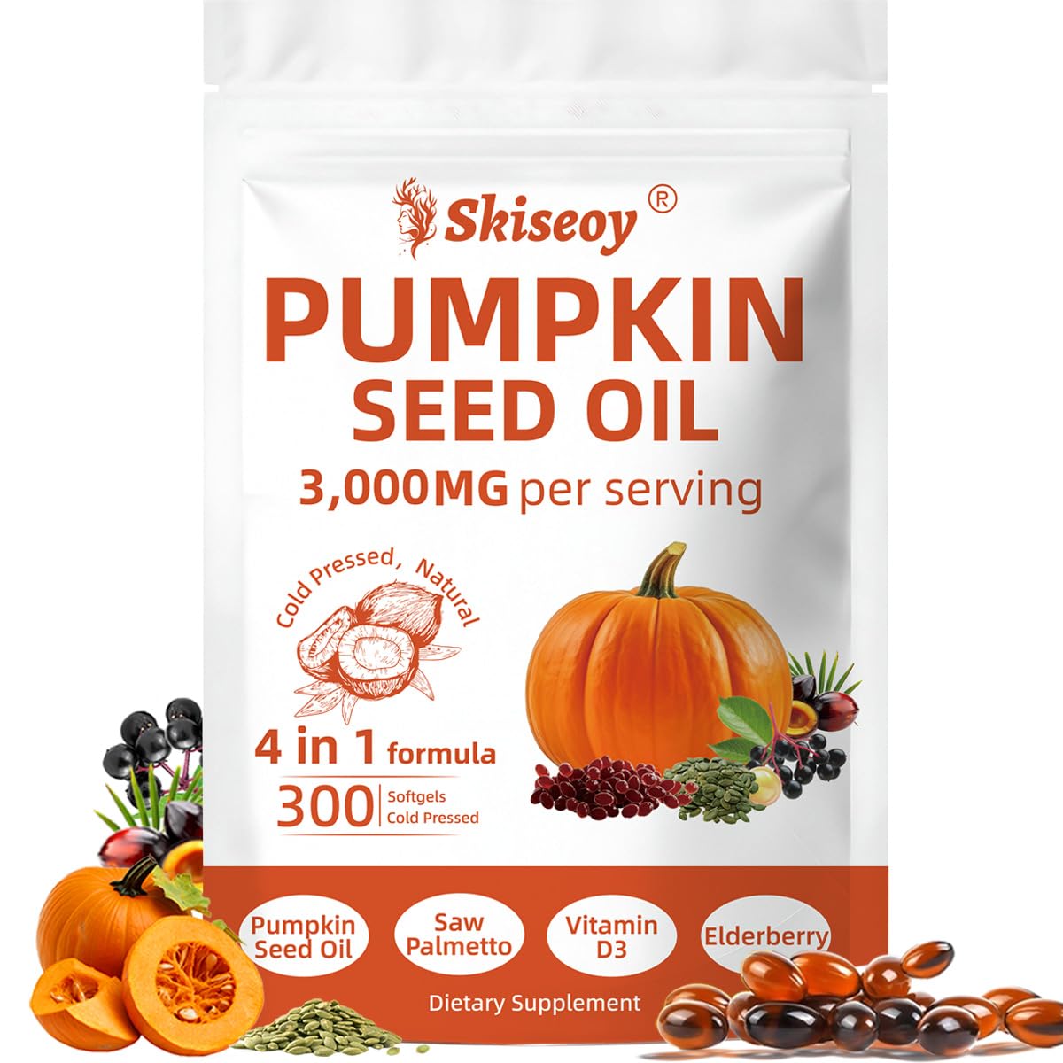 Pumpkin Seed Oil with Saw Palmetto – 4-in-1 300 Softgels, 3000mg Cold-Pressed Virgin Oil | Supports Hair, Prostate & Urinary Health | Vegan & Non-GMO