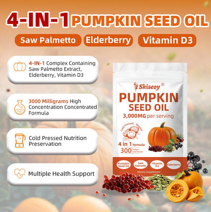 Pumpkin Seed Oil with Saw Palmetto – 4-in-1 300 Softgels, 3000mg Cold-Pressed Virgin Oil | Supports Hair, Prostate & Urinary Health | Vegan & Non-GMO