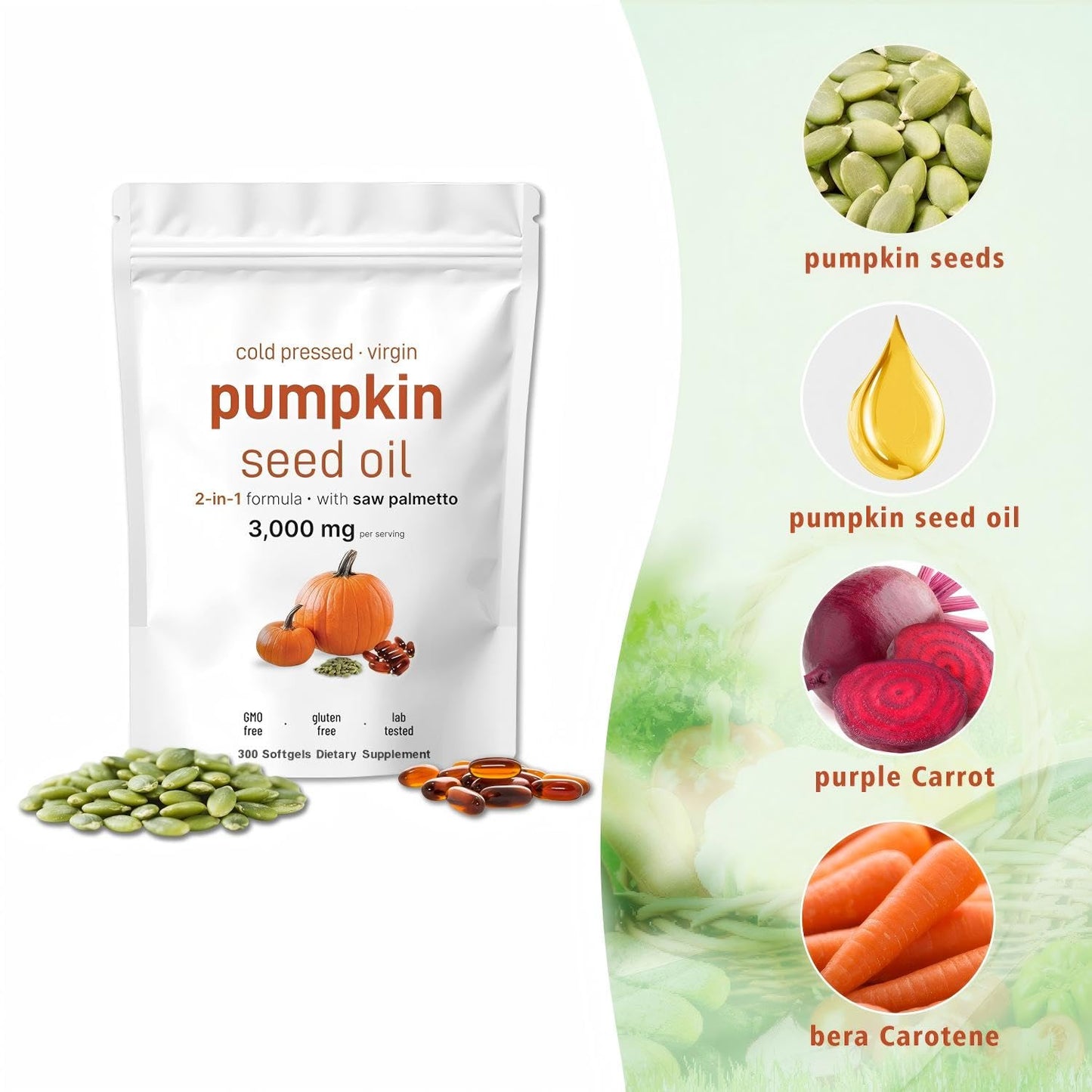 Pumpkin Seed Oil with Saw Palmetto 3000mg - 300 Softgels - Cold Pressed - Non-GMO