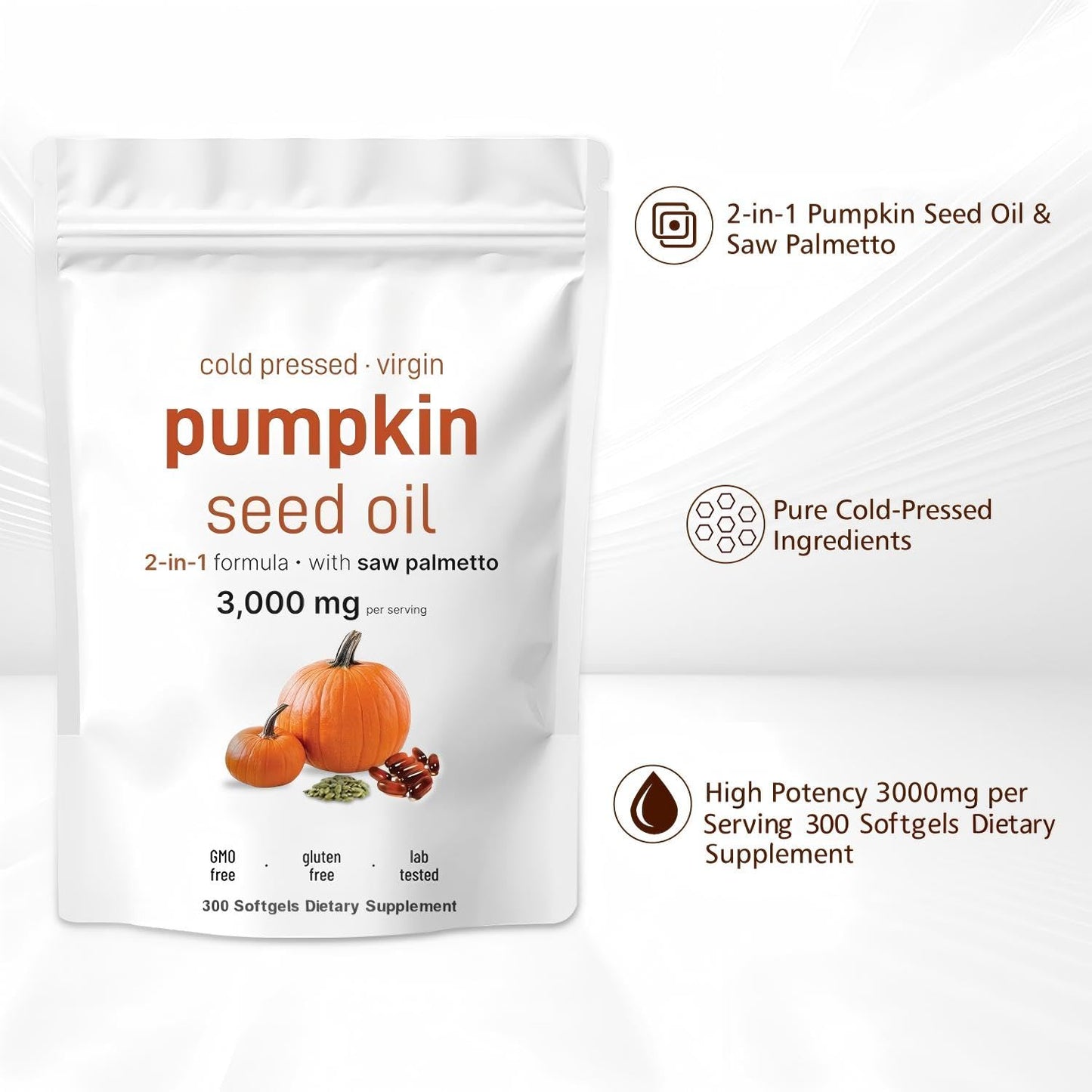 Pumpkin Seed Oil with Saw Palmetto 3000mg - 300 Softgels - Cold Pressed - Non-GMO