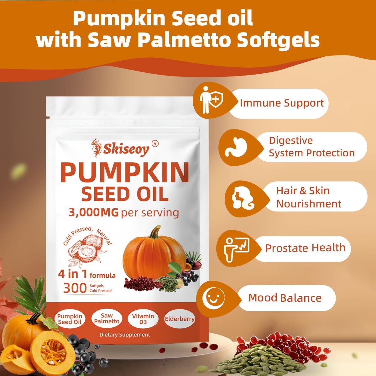 Pumpkin Seed Oil with Saw Palmetto – 4-in-1 300 Softgels, 3000mg Cold-Pressed Virgin Oil | Supports Hair, Prostate & Urinary Health | Vegan & Non-GMO