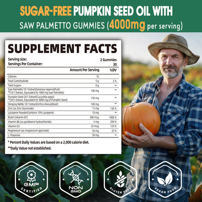 Pumpkin Seed Oil with Saw Palmetto Gummies – Organic, Sugar-Free, Vegan, 60 Gummies