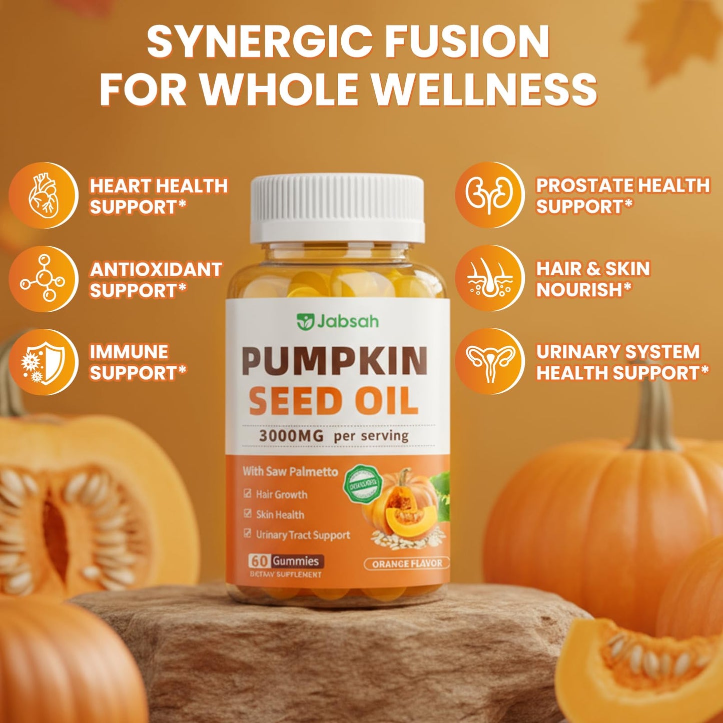 Pumpkin Seed Oil with Saw Palmetto Gummies – Organic Hair Growth & Prostate Support, 60 Count