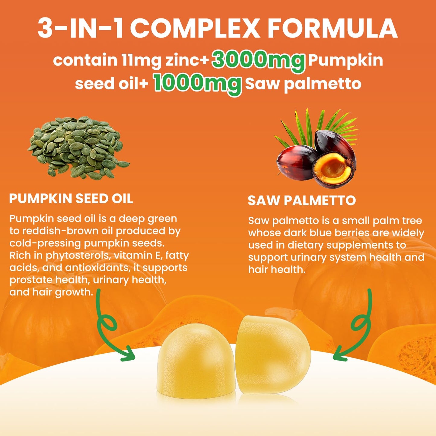 Pumpkin Seed Oil with Saw Palmetto Gummies – Organic Hair Growth & Prostate Support, 60 Count