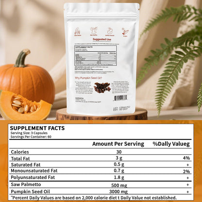 Pumpkin Seed Oil 2-in-1 with Saw Palmetto – 180 Softgels (3000mg per serving) – Prostate, Urinary & Hair Health | Non-GMO