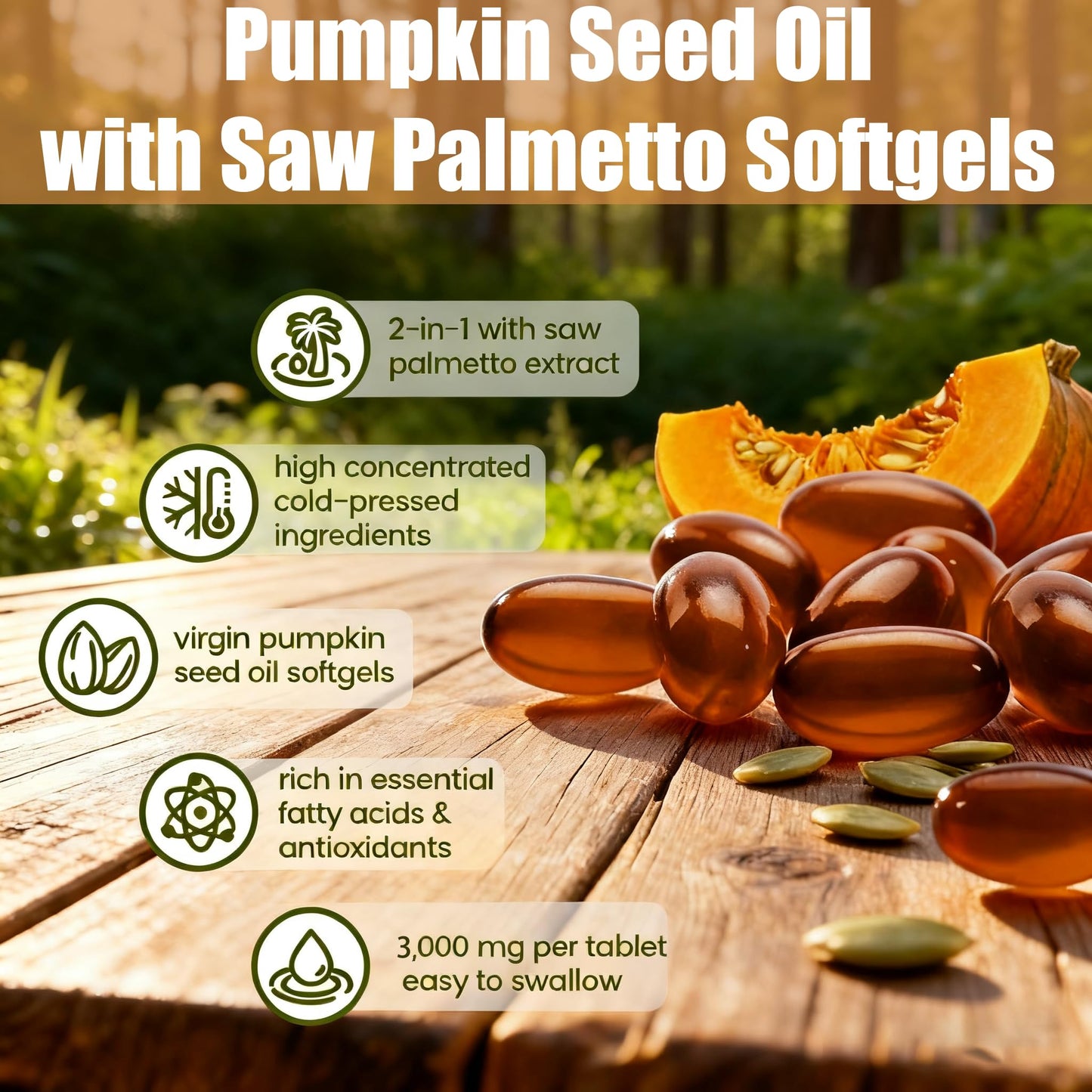 Pumpkin Seed Oil Softgels with Saw Palmetto – Cold-Pressed Virgin Oil, Prostate & Hair Support