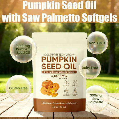 Pumpkin Seed Oil Softgels with Saw Palmetto – Cold-Pressed Virgin Oil, Prostate & Hair Support