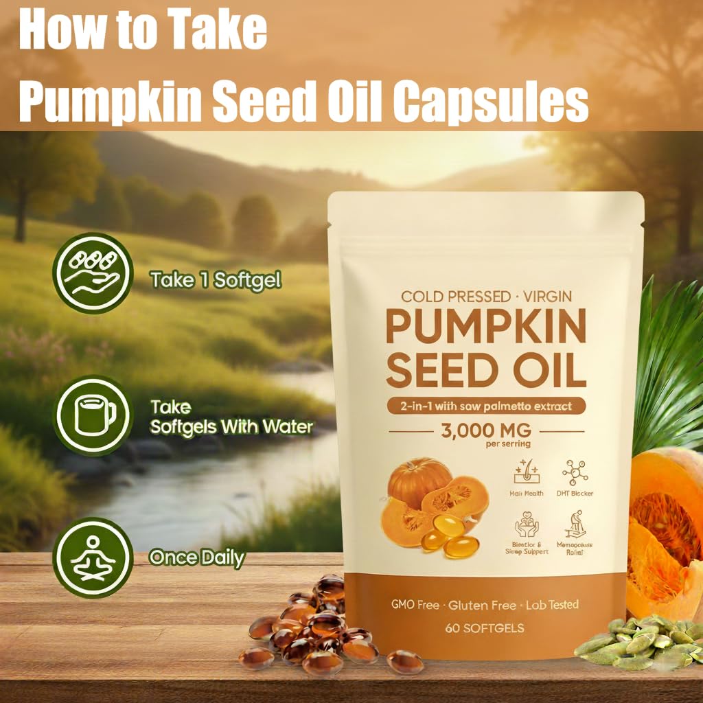 Pumpkin Seed Oil Softgels with Saw Palmetto – Cold-Pressed Virgin Oil, Prostate & Hair Support