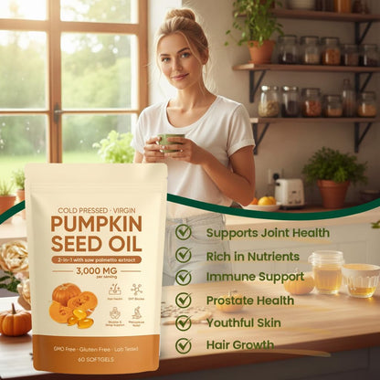 Pumpkin Seed Oil Softgels with Saw Palmetto – Cold-Pressed Virgin Oil, Prostate & Hair Support