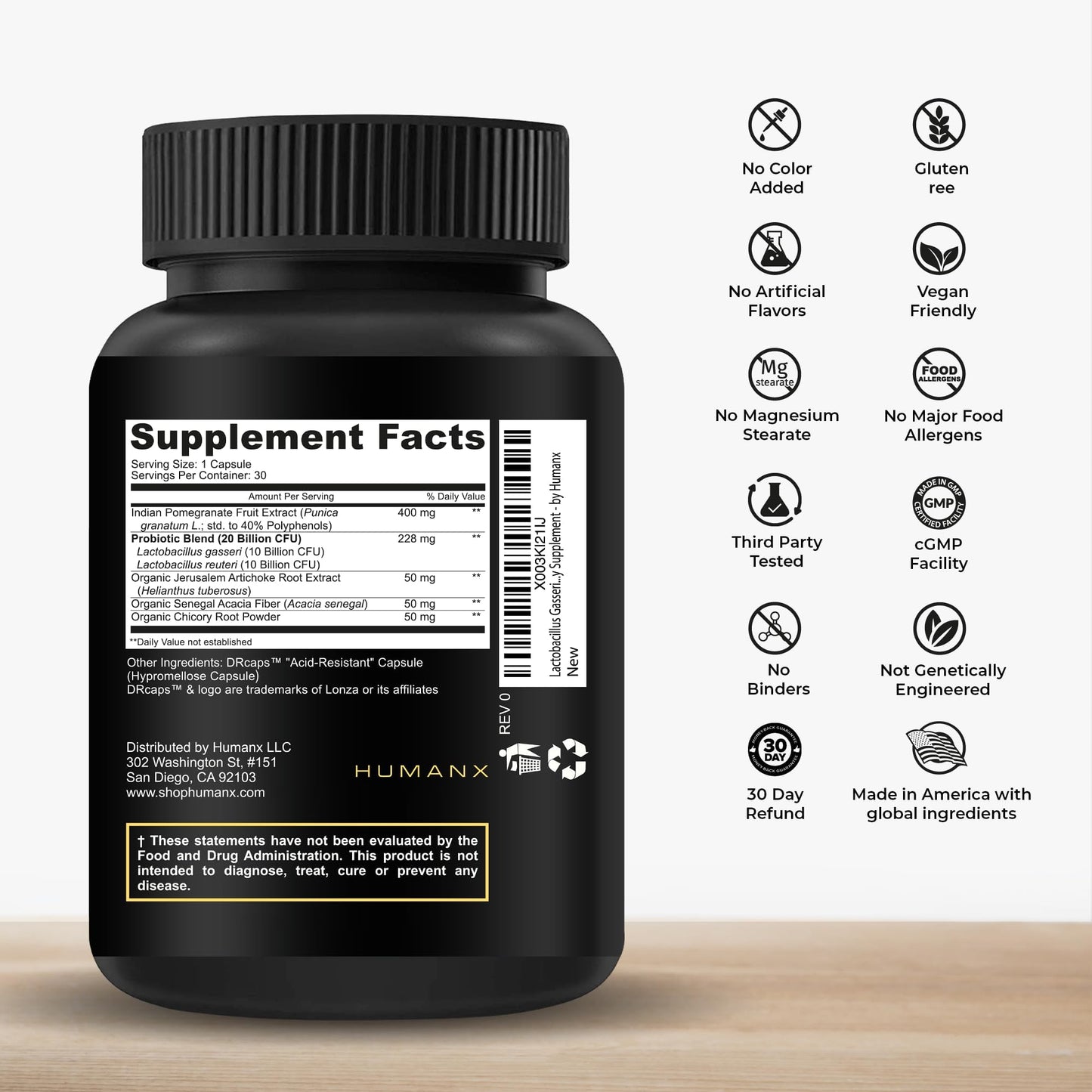 HUMANX Lactobacillus Gasseri & Reuteri+ 20B CFU Probiotic – Organic Prebiotics & Punicaligans – USA Made