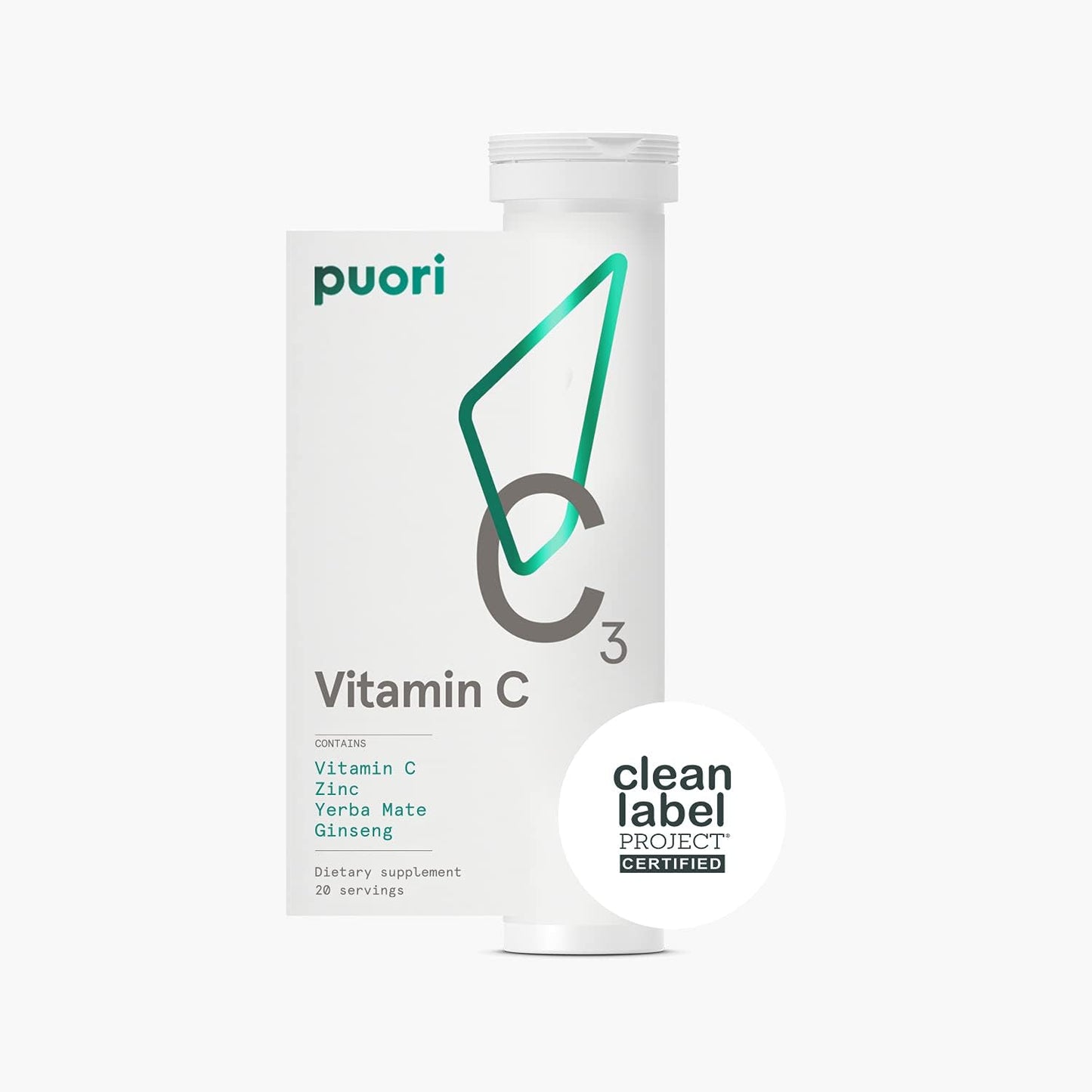 Puori C3 Vitamin C Supplement for Immune Support & Antioxidants – 20 Servings x 2 Packs | Vitamin C, Zinc, Yerba Mate, Ginseng