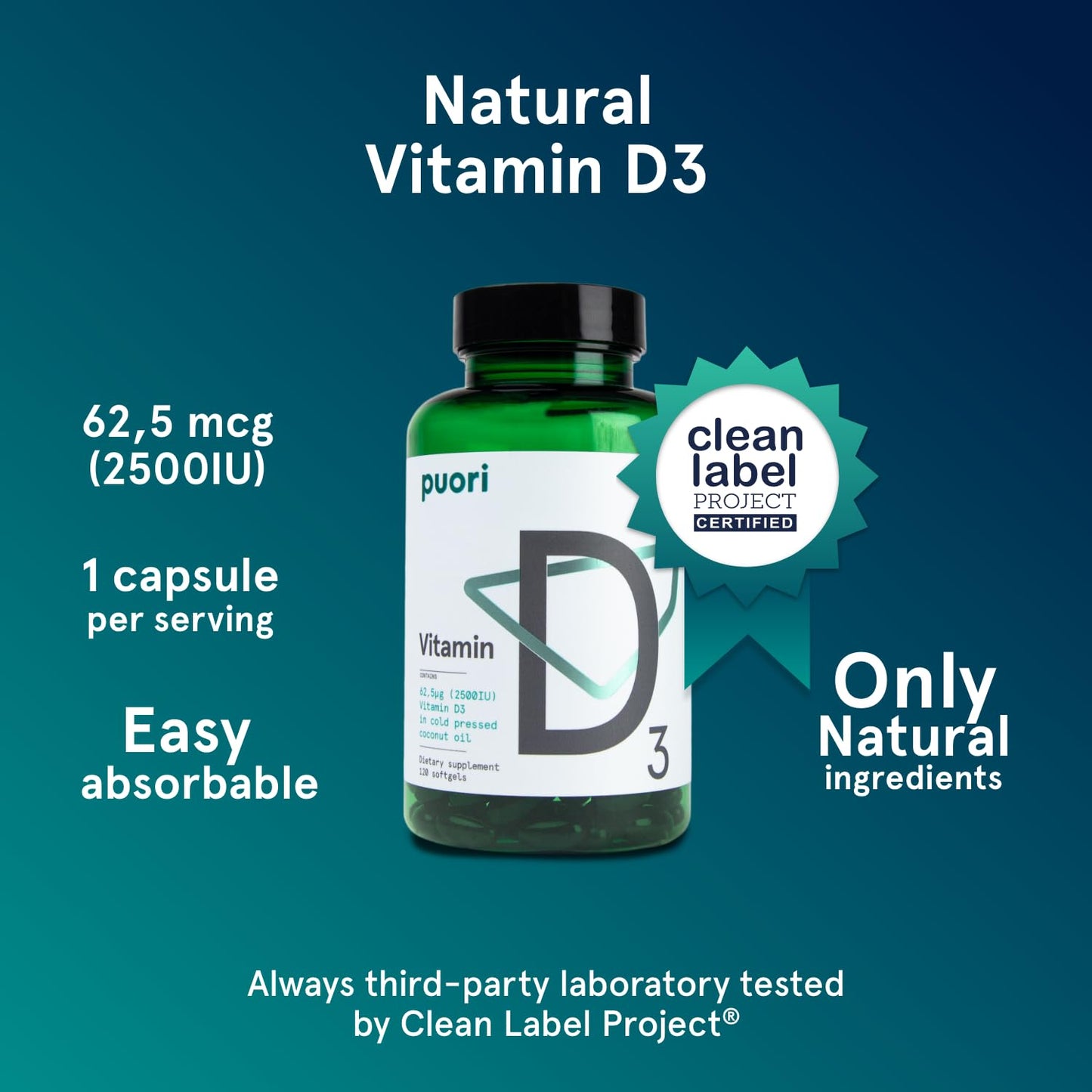 Puori Vitamin D3 Softgels 2500 IU – Immune Support & Bone Health, 120 Count