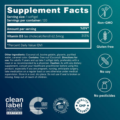 Puori Vitamin D3 Softgels 2500 IU (62.5 mcg) – 240 Count, Non-GMO & Gluten-Free BritishVita | Premium UK Vitamins & Wellness Supplements