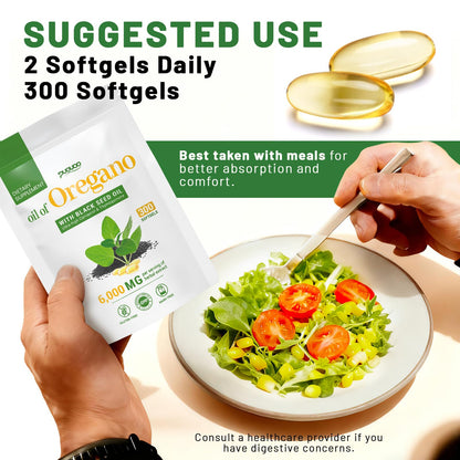 Puouoo 2 in 1 Oil of Oregano Capsules – Oregano Oil with Black Seed Oil (Carvacrol) | 300 Capsules