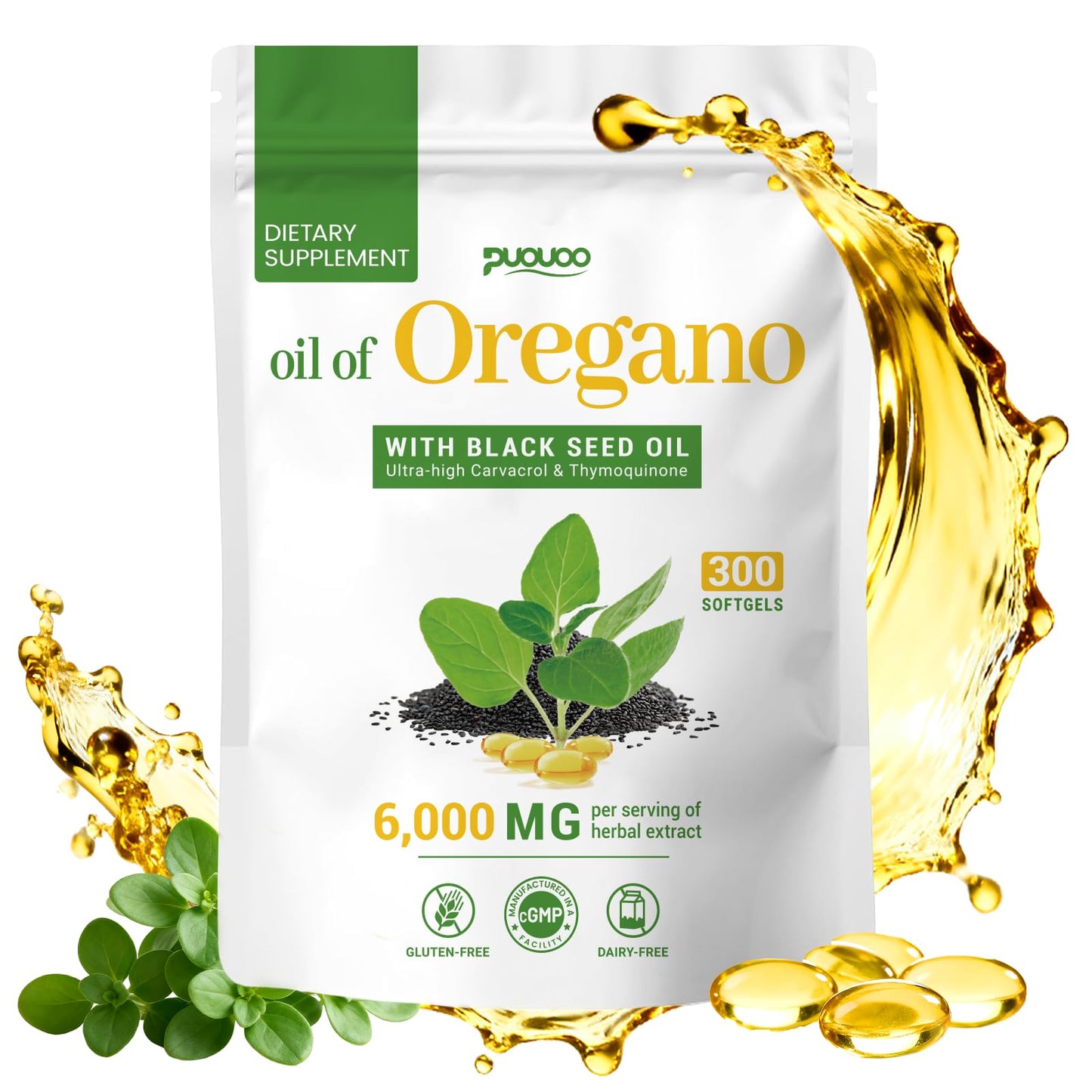 Puouoo 2 in 1 Oil of Oregano Capsules – Oregano Oil with Black Seed Oil (Carvacrol) | 300 Capsules