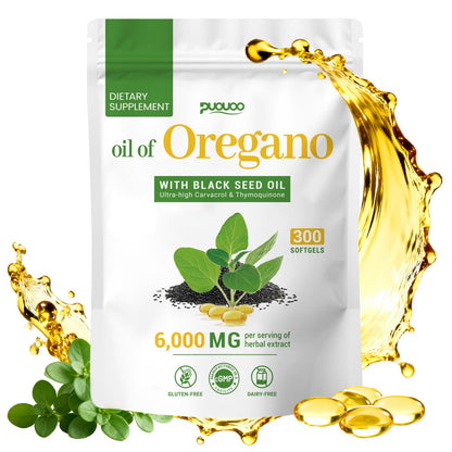 Puouoo 2 in 1 Oil of Oregano Capsules – Oregano Oil with Black Seed Oil (Carvacrol) | 300 Capsules