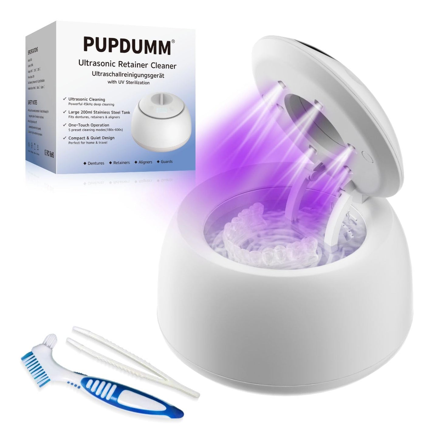 PUPDUMM Ultrasonic Retainer Cleaner – 45kHz, 200ml, Digital Timer