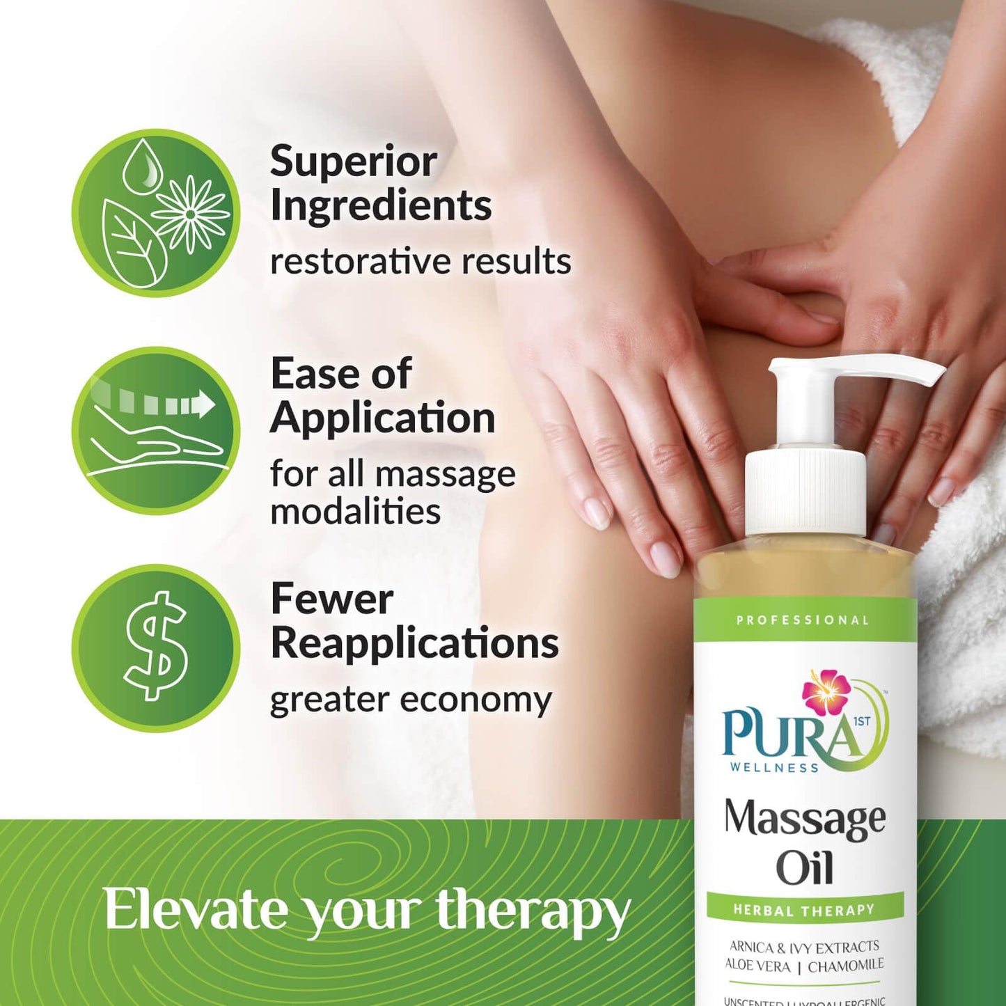 PURA 1st Wellness Herbal Massage Oil (8oz) – Hypoallergenic, Unscented for Muscle Relief & Physical Therapy