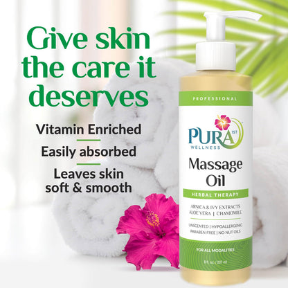 PURA 1st Wellness Herbal Massage Oil (8oz) – Hypoallergenic, Unscented for Muscle Relief & Physical Therapy