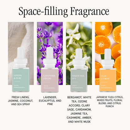Pura 4 Smart Home Fragrance Starter Set | Scent Diffuser for Home - Linens & Surf, Lavender Fields, White Tea No.1, Yuzu Citron