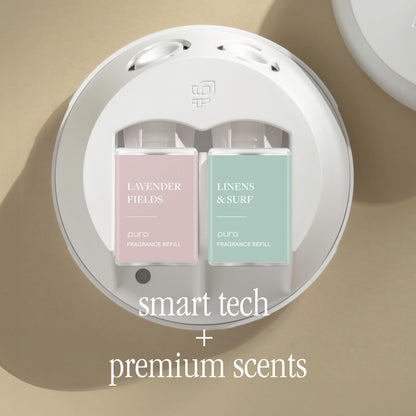 Pura 4 Smart Home Fragrance Starter Set | Scent Diffuser for Home - Linens & Surf, Lavender Fields, White Tea No.1, Yuzu Citron