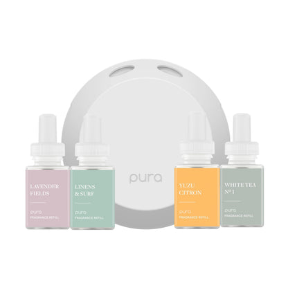 Pura 4 Smart Home Fragrance Starter Set | Scent Diffuser for Home - Linens & Surf, Lavender Fields, White Tea No.1, Yuzu Citron