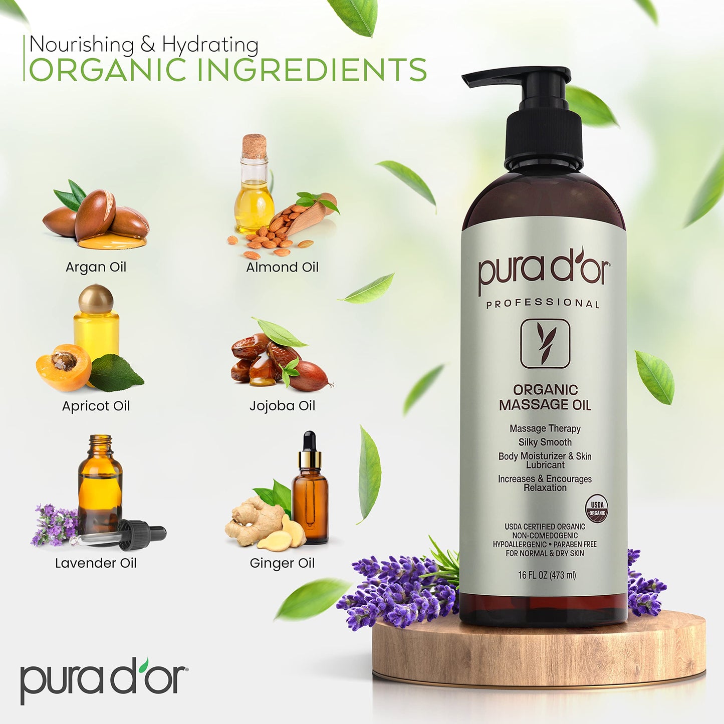 PURA D'OR Organic Massage Therapy Oil 16 oz - Almond, Argan, Jojoba, Lavender