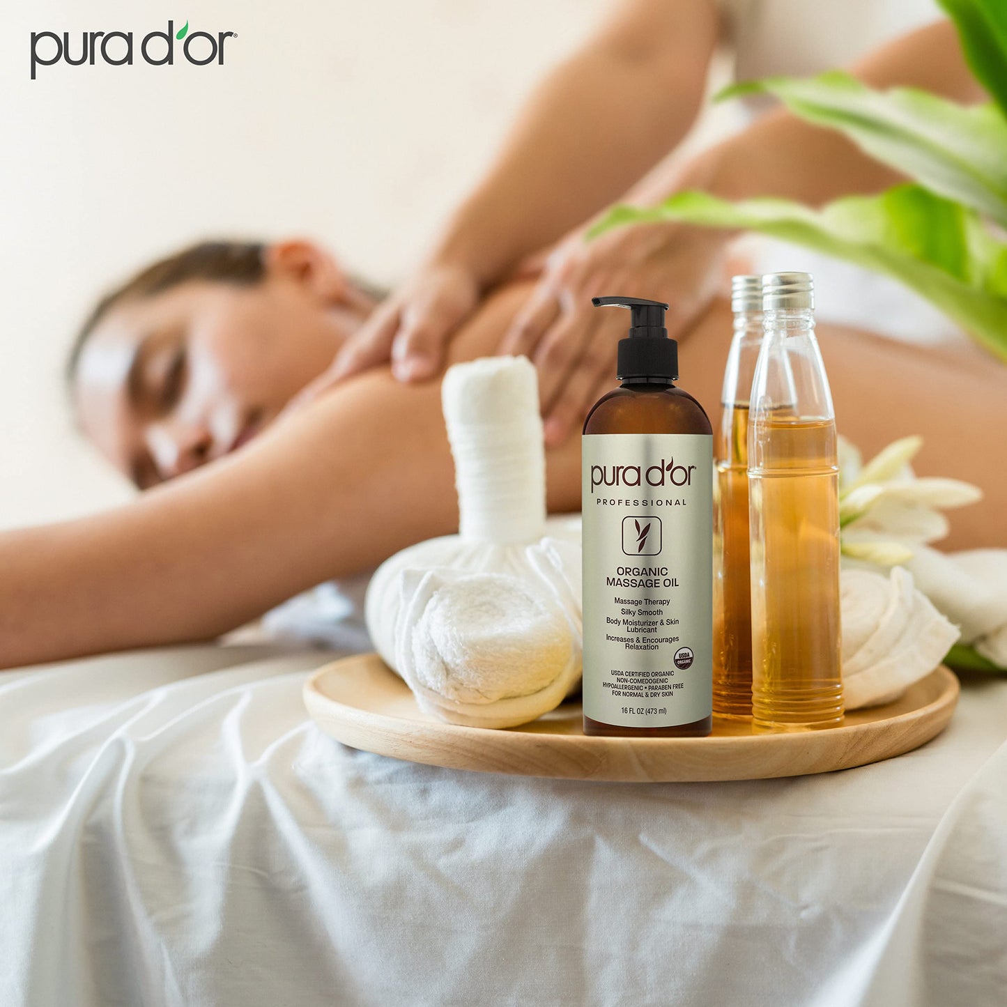 PURA D'OR Organic Massage Therapy Oil 16 oz - Almond, Argan, Jojoba, Lavender