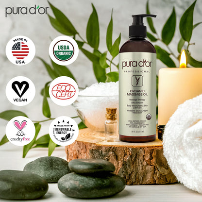 PURA D'OR Organic Massage Therapy Oil 16 oz - Almond, Argan, Jojoba, Lavender