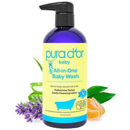 PURA D'OR 16 Oz All-in-One Calming Baby Wash & Shampoo - Tear-Free, Sulfate-Free, Aloe Vera